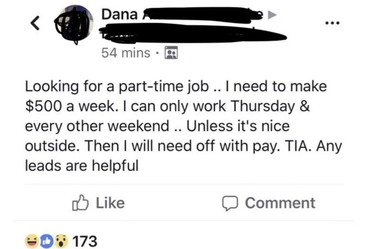 screenshot - Dana 54 mins. Looking for a parttime job.. I need to make $500 a week. I can only work Thursday & every other weekend.. Unless it's nice outside. Then I will need off with pay. Tia. Any leads are helpful 0173 Comment